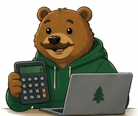 Bear holding a calculator next to a laptop
