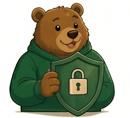 Bear holding a green shield with a lock icon