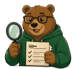 Bear with magnifying glass reviewing a grant checklist