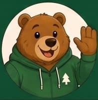 Forrest the bear waving in a green hoodie