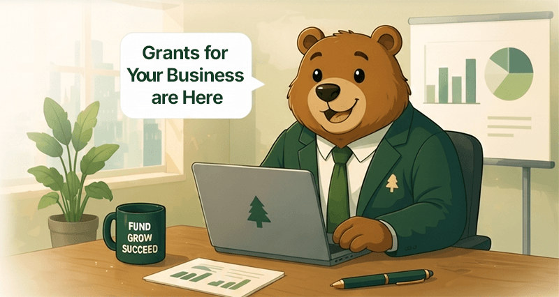 Bear in a green suit at a desk