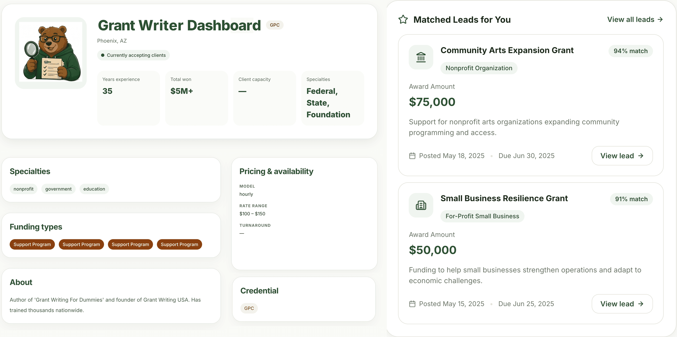 Preview of the Forrest Grants writer dashboard: profile with specialties, pricing, and credential beside matched grant leads with award amounts and deadlines